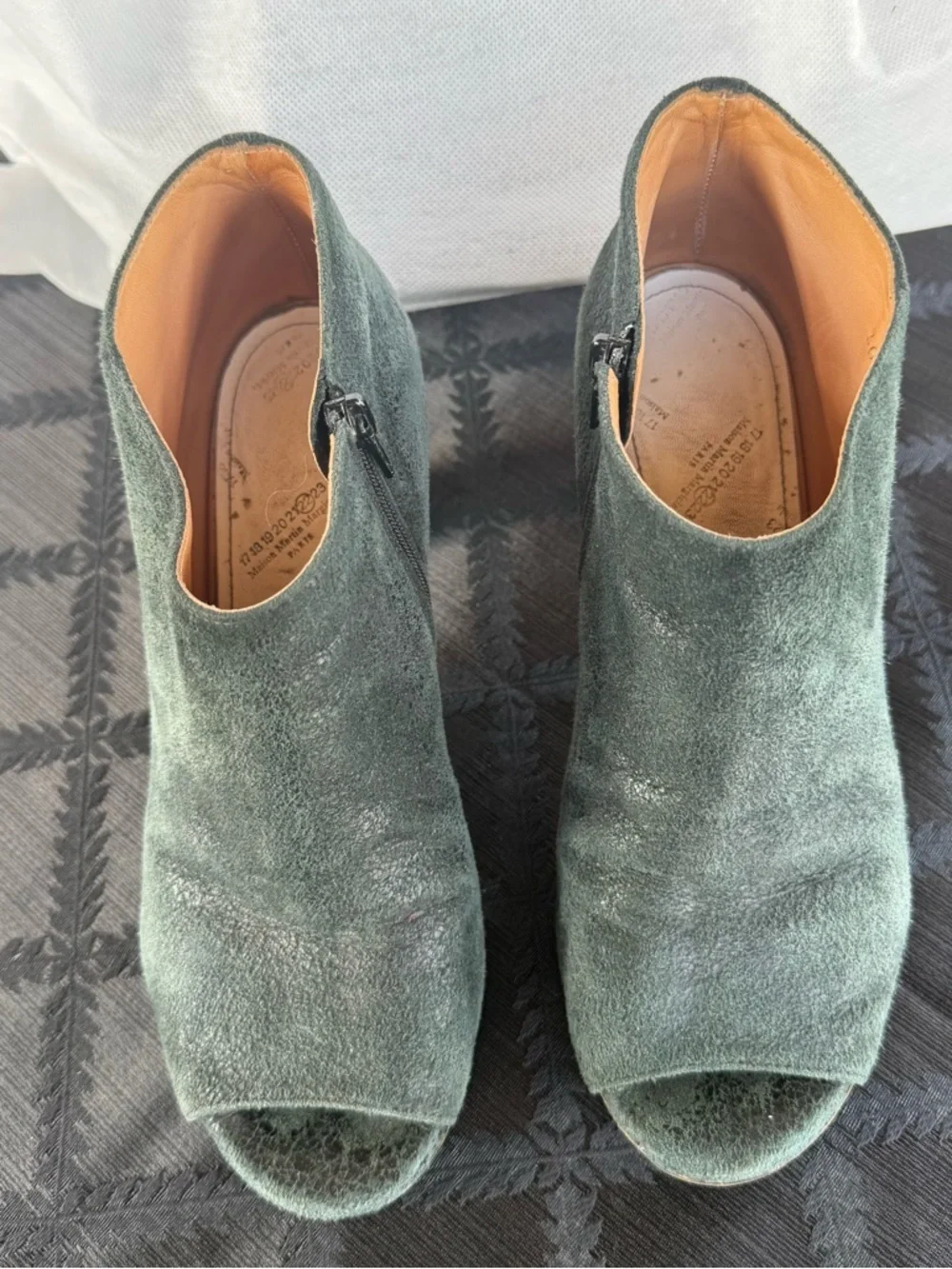 Maison Margiela cracked suede forest green open toe heel ankle boot shoes